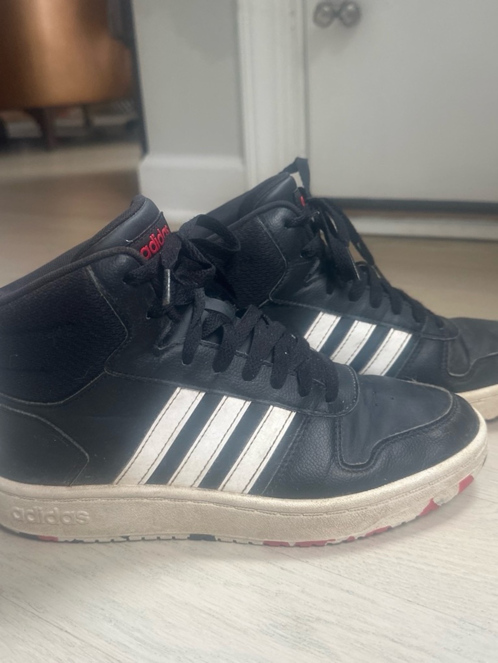 adidas Black High-Top Sneakers with White Stripes and Red Logo